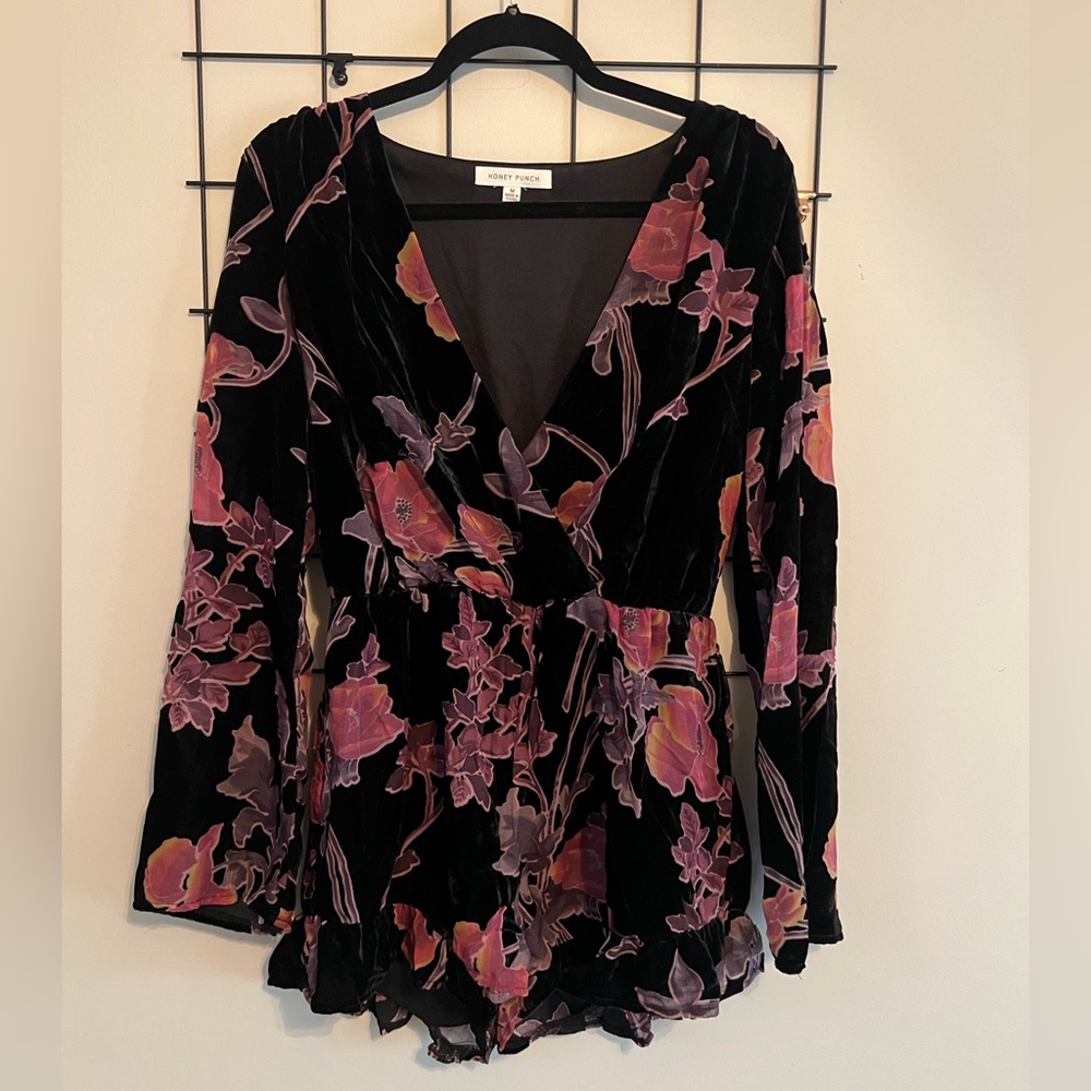 HoneyPunch Romper. Black, Pink, Purple Floral Print.